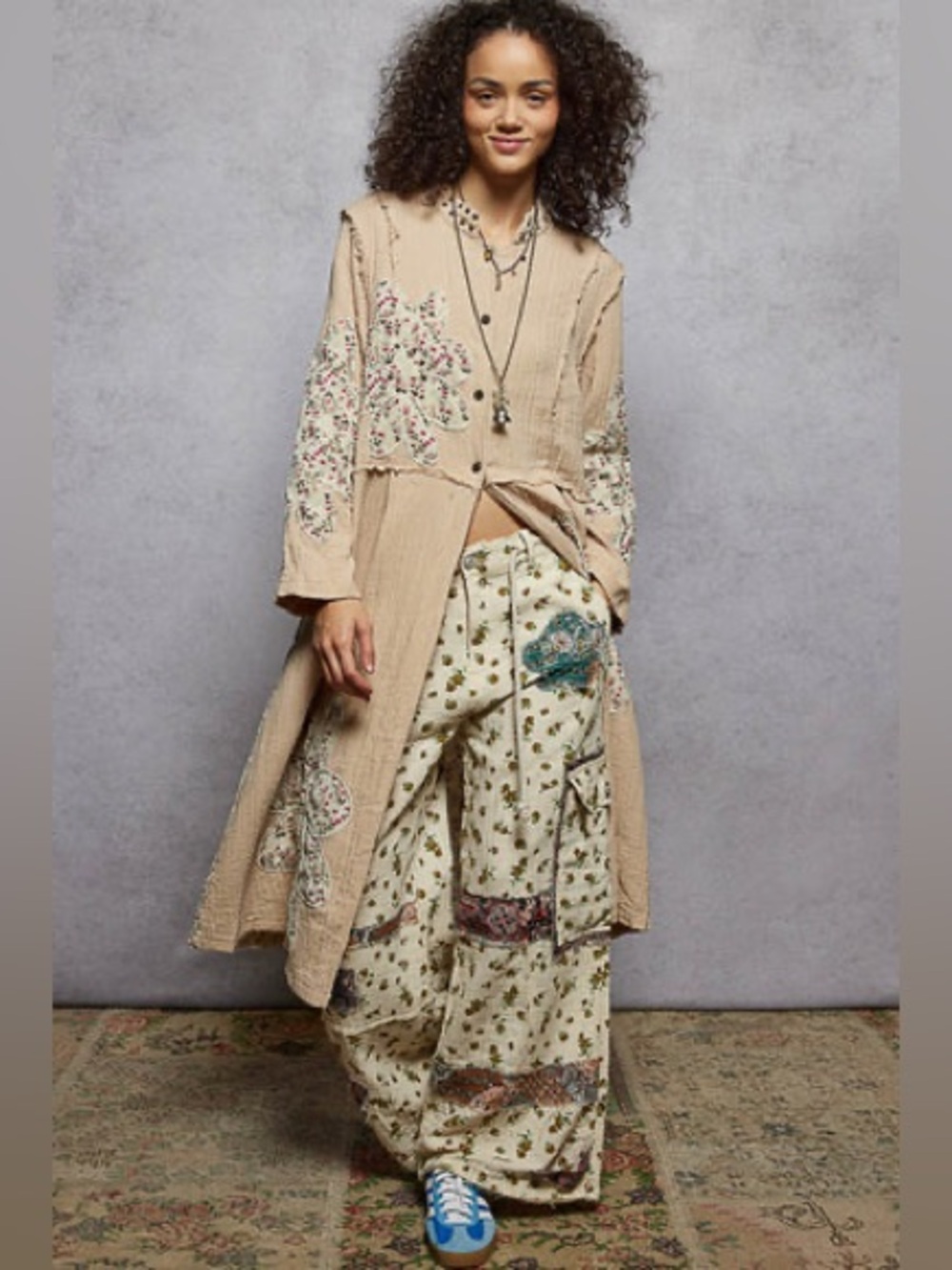 POL Double Gauze Half Button Front Duster with Large Floral Flower Patches